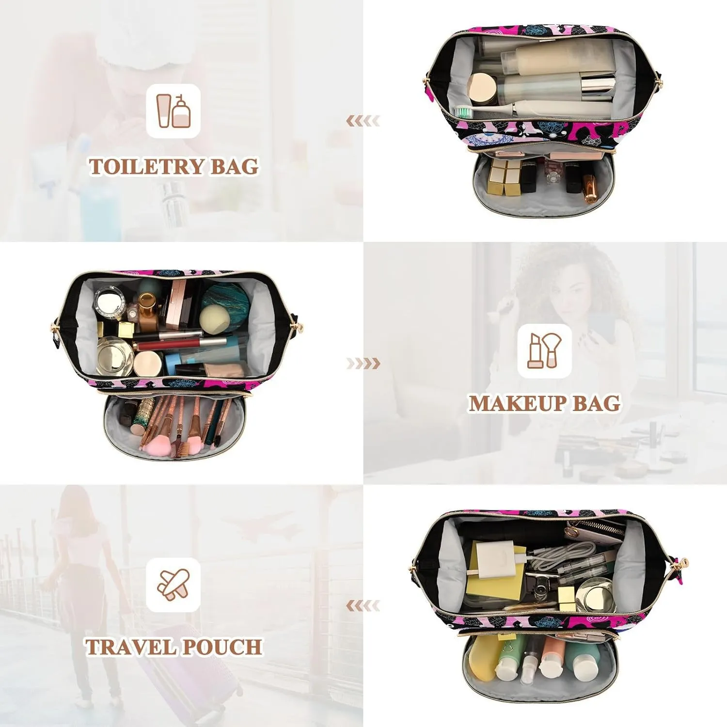 Seamless Bright Pink Elephants Tribal Ethnic Theme on Black Women Cosmetic Bag Makeup Bag Stylish Trip Beauty Bag Travel Toiletry Bag with Bottle Organizer 10.2 x 5.9 x 6.7 inch