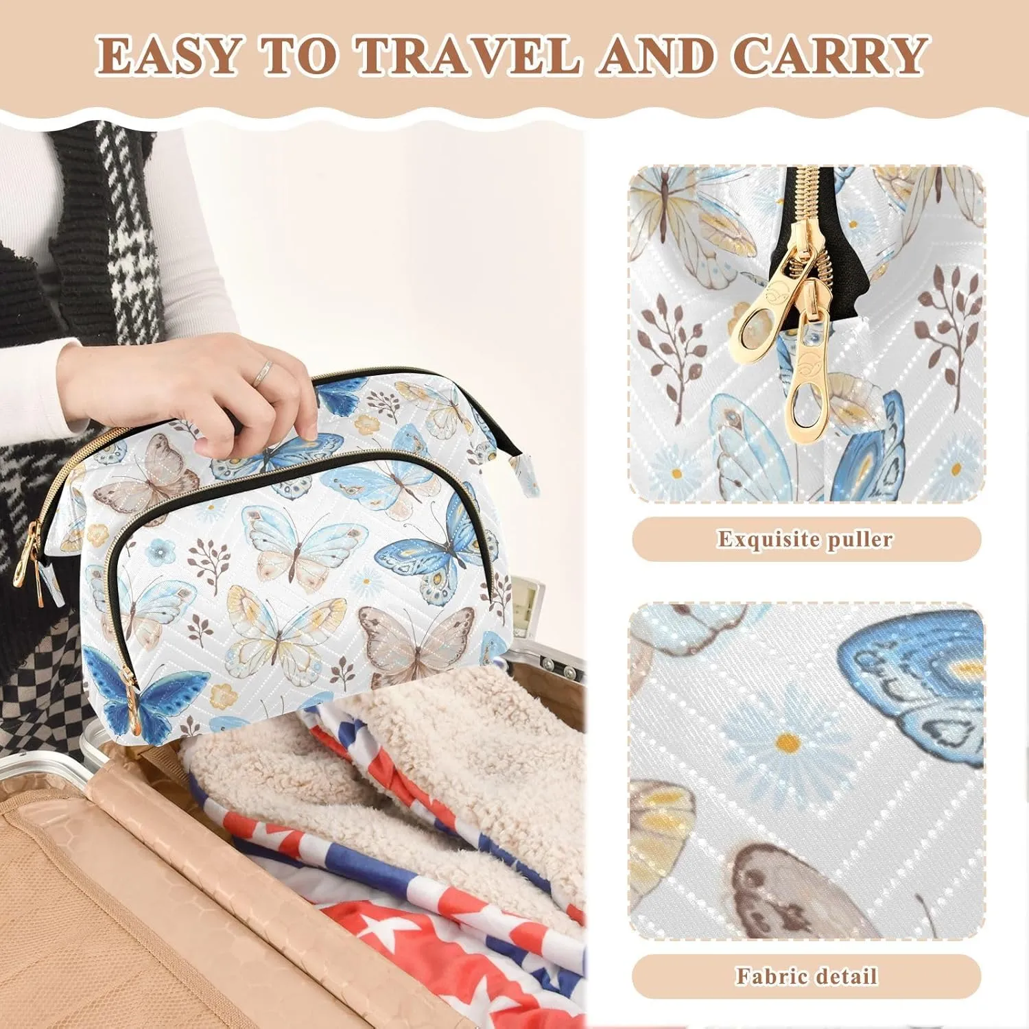 Seamless Flying Butterflies Blue Yellow and Brown on White Women Cosmetic Bag Makeup Bag Stylish Trip Beauty Bag Travel Toiletry Bag with Bottle Organizer 10.2 x 5.9 x 6.7 inch