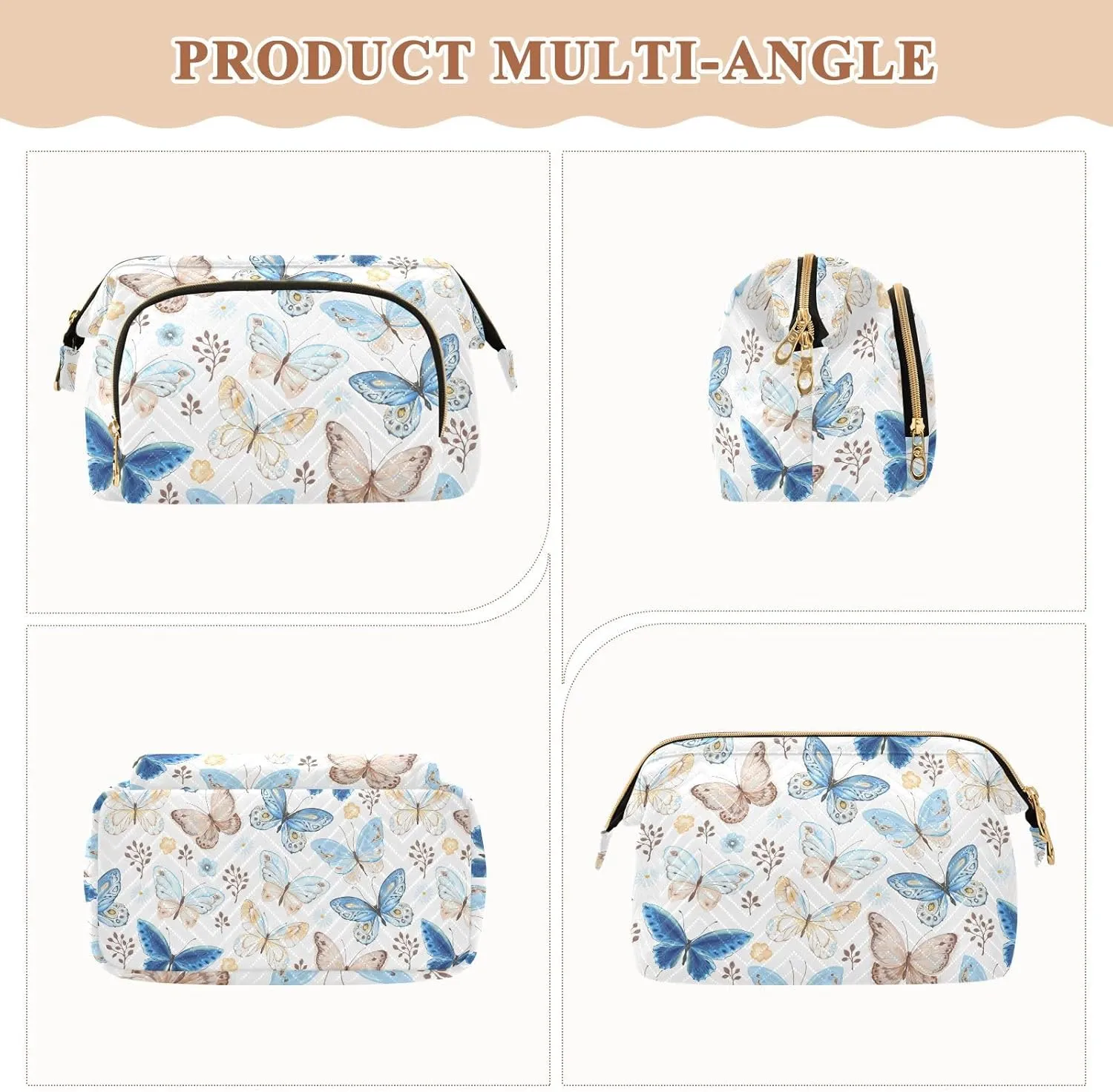 Seamless Flying Butterflies Blue Yellow and Brown on White Women Cosmetic Bag Makeup Bag Stylish Trip Beauty Bag Travel Toiletry Bag with Bottle Organizer 10.2 x 5.9 x 6.7 inch