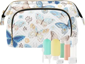Seamless Flying Butterflies Blue Yellow and Brown on White Women Cosmetic Bag Makeup Bag Stylish Trip Beauty Bag Travel Toiletry Bag with Bottle Organizer 10.2 x 5.9 x 6.7 inch