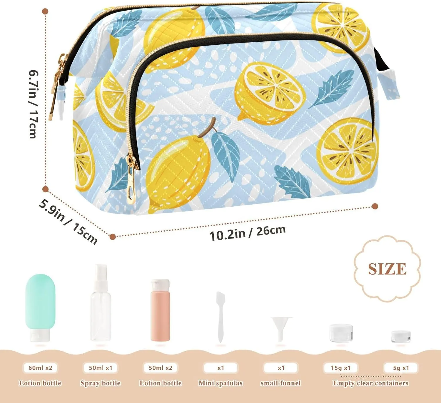 Seamless Lemons Lemon Slices Mint Leaves on Abstract Blue Art Women Cosmetic Bag Makeup Bag Stylish Trip Beauty Bag Travel Toiletry Bag with Bottle Organizer 10.2 x 5.9 x 6.7 inch