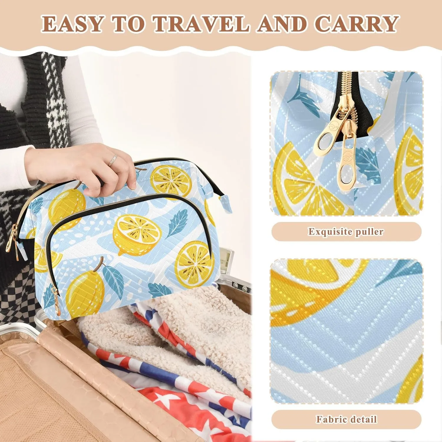 Seamless Lemons Lemon Slices Mint Leaves on Abstract Blue Art Women Cosmetic Bag Makeup Bag Stylish Trip Beauty Bag Travel Toiletry Bag with Bottle Organizer 10.2 x 5.9 x 6.7 inch