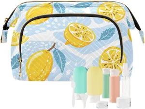 Seamless Lemons Lemon Slices Mint Leaves on Abstract Blue Art Women Cosmetic Bag Makeup Bag Stylish Trip Beauty Bag Travel Toiletry Bag with Bottle Organizer 10.2 x 5.9 x 6.7 inch