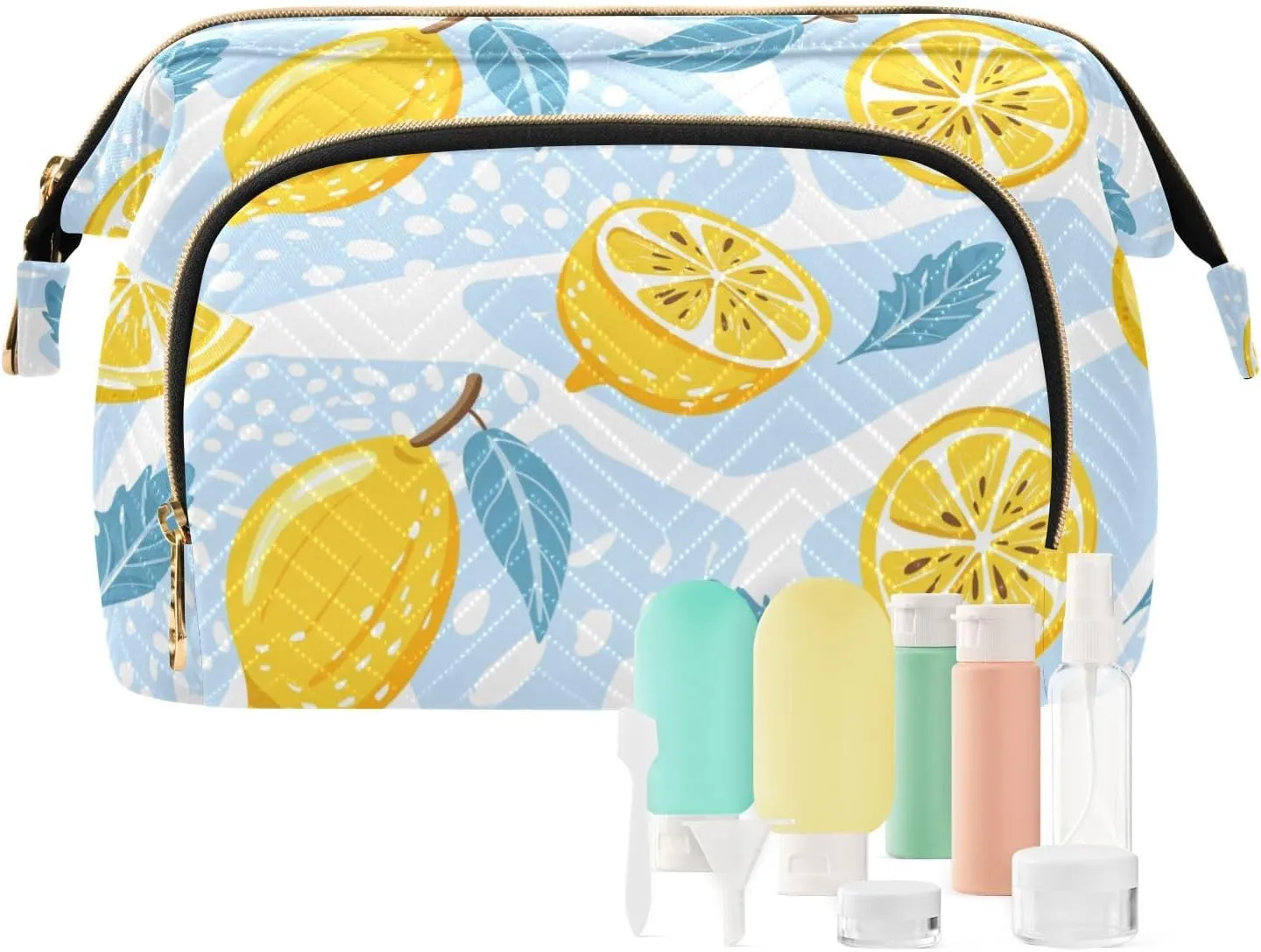 Seamless Lemons Lemon Slices Mint Leaves on Abstract Blue Art Women Cosmetic Bag Makeup Bag Stylish Trip Beauty Bag Travel Toiletry Bag with Bottle Organizer 10.2 x 5.9 x 6.7 inch