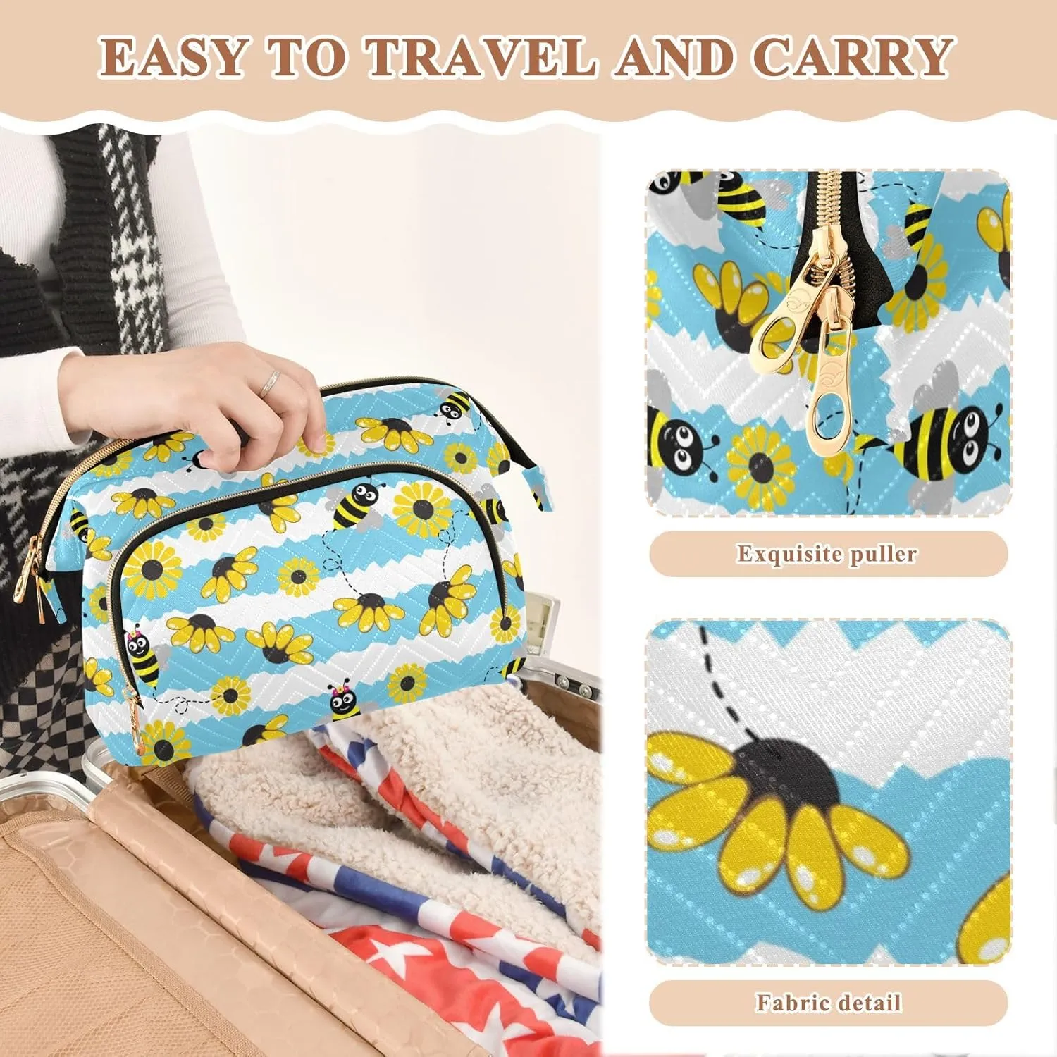 Seamless Pattern with Bee Yellow Sunflowers on Blue White Stripes Women Cosmetic Bag Makeup Bag Stylish Trip Beauty Bag Travel Toiletry Bag with Bottle Organizer 10.2 x 5.9 x 6.7 inch