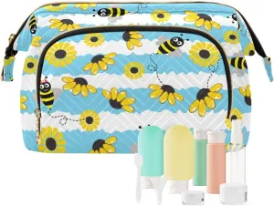 Seamless Pattern with Bee Yellow Sunflowers on Blue White Stripes Women Cosmetic Bag Makeup Bag Stylish Trip Beauty Bag Travel Toiletry Bag with Bottle Organizer 10.2 x 5.9 x 6.7 inch