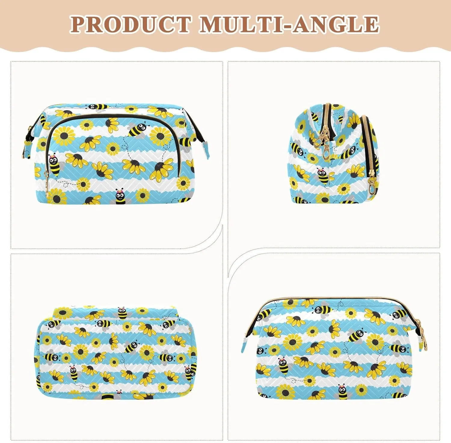 Seamless Pattern with Bee Yellow Sunflowers on Blue White Stripes Women Cosmetic Bag Makeup Bag Stylish Trip Beauty Bag Travel Toiletry Bag with Bottle Organizer 10.2 x 5.9 x 6.7 inch
