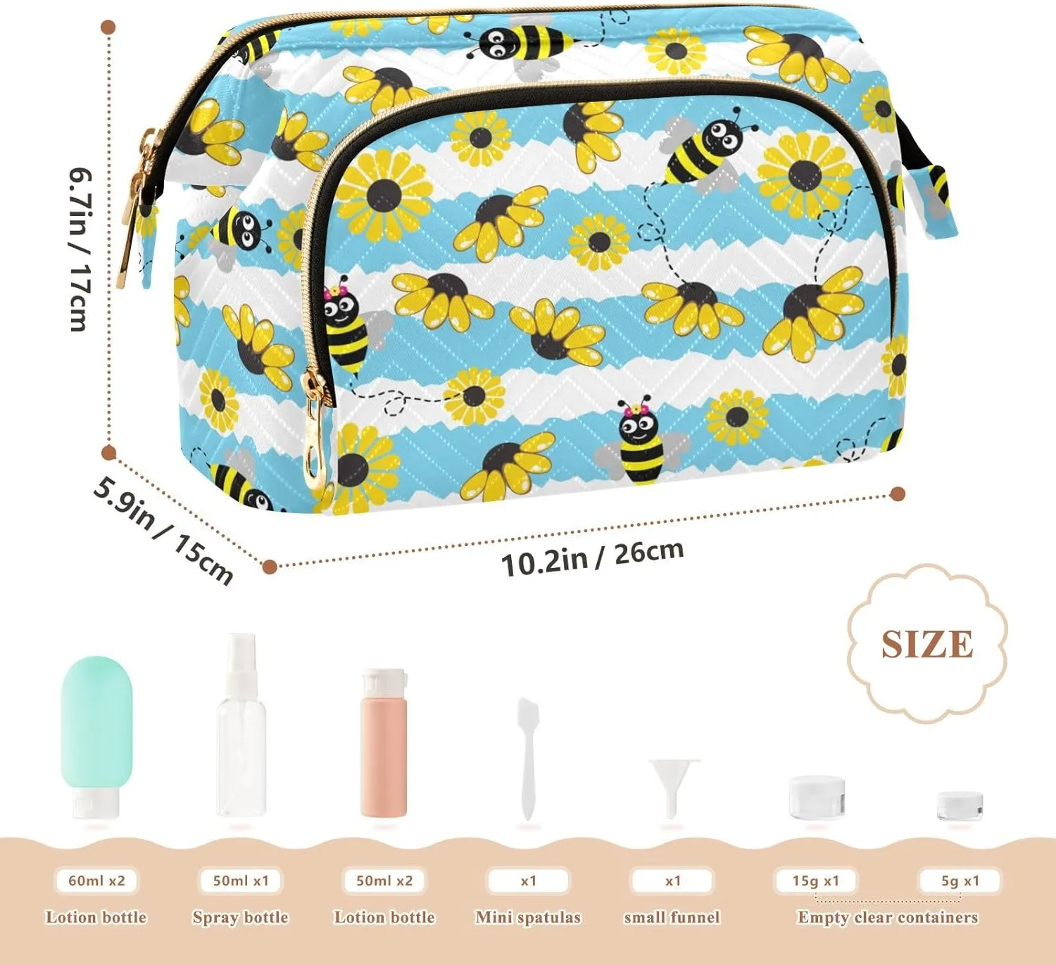 Seamless Pattern with Bee Yellow Sunflowers on Blue White Stripes Women Cosmetic Bag Makeup Bag Stylish Trip Beauty Bag Travel Toiletry Bag with Bottle Organizer 10.2 x 5.9 x 6.7 inch