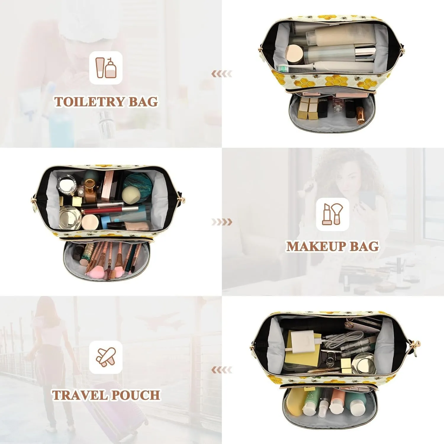 Seamless Yellow Bees and Honeycomb Flowers with Green Leaves Women Cosmetic Bag Makeup Bag Stylish Trip Beauty Bag Travel Toiletry Bag with Bottle Organizer 10.2 x 5.9 x 6.7 inch