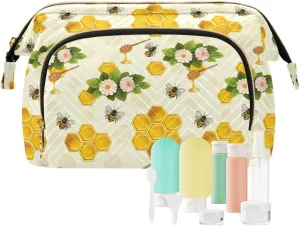 Seamless Yellow Bees and Honeycomb Flowers with Green Leaves Women Cosmetic Bag Makeup Bag Stylish Trip Beauty Bag Travel Toiletry Bag with Bottle Organizer 10.2 x 5.9 x 6.7 inch