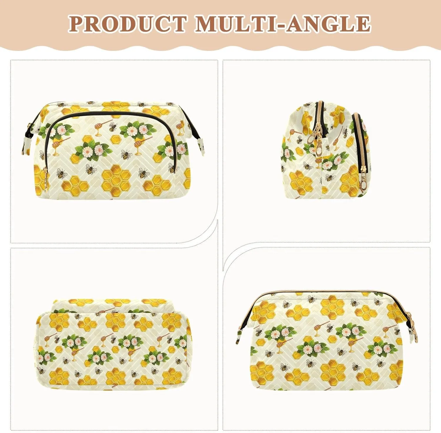 Seamless Yellow Bees and Honeycomb Flowers with Green Leaves Women Cosmetic Bag Makeup Bag Stylish Trip Beauty Bag Travel Toiletry Bag with Bottle Organizer 10.2 x 5.9 x 6.7 inch