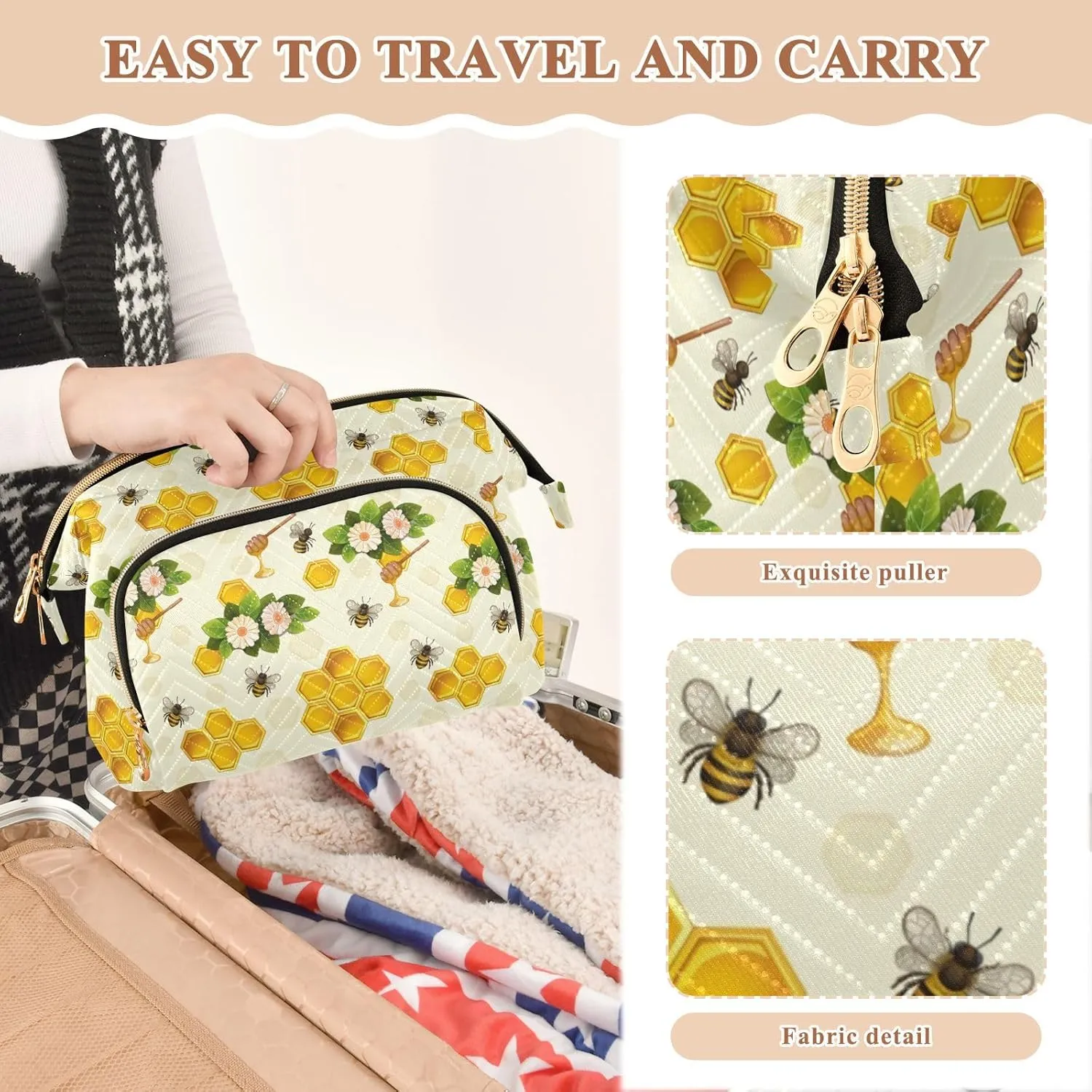 Seamless Yellow Bees and Honeycomb Flowers with Green Leaves Women Cosmetic Bag Makeup Bag Stylish Trip Beauty Bag Travel Toiletry Bag with Bottle Organizer 10.2 x 5.9 x 6.7 inch