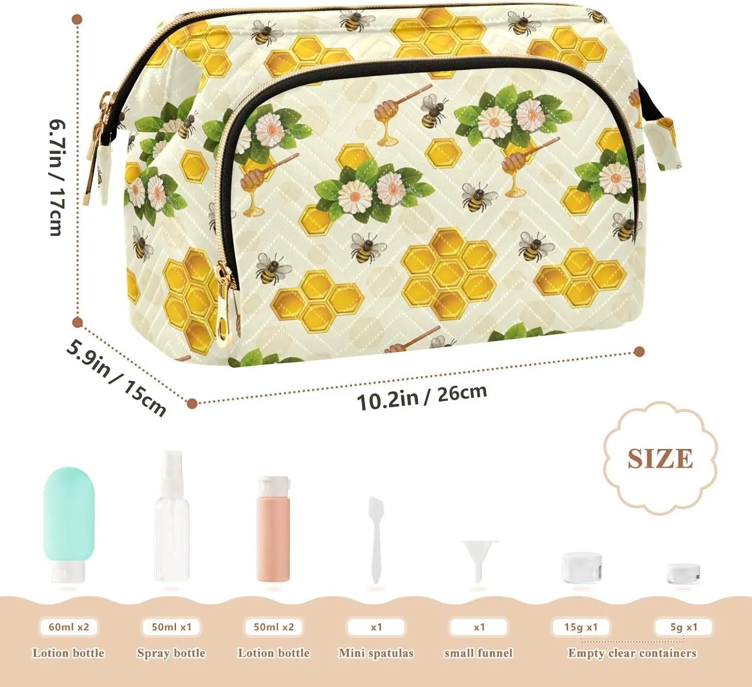 Seamless Yellow Bees and Honeycomb Flowers with Green Leaves Women Cosmetic Bag Makeup Bag Stylish Trip Beauty Bag Travel Toiletry Bag with Bottle Organizer 10.2 x 5.9 x 6.7 inch