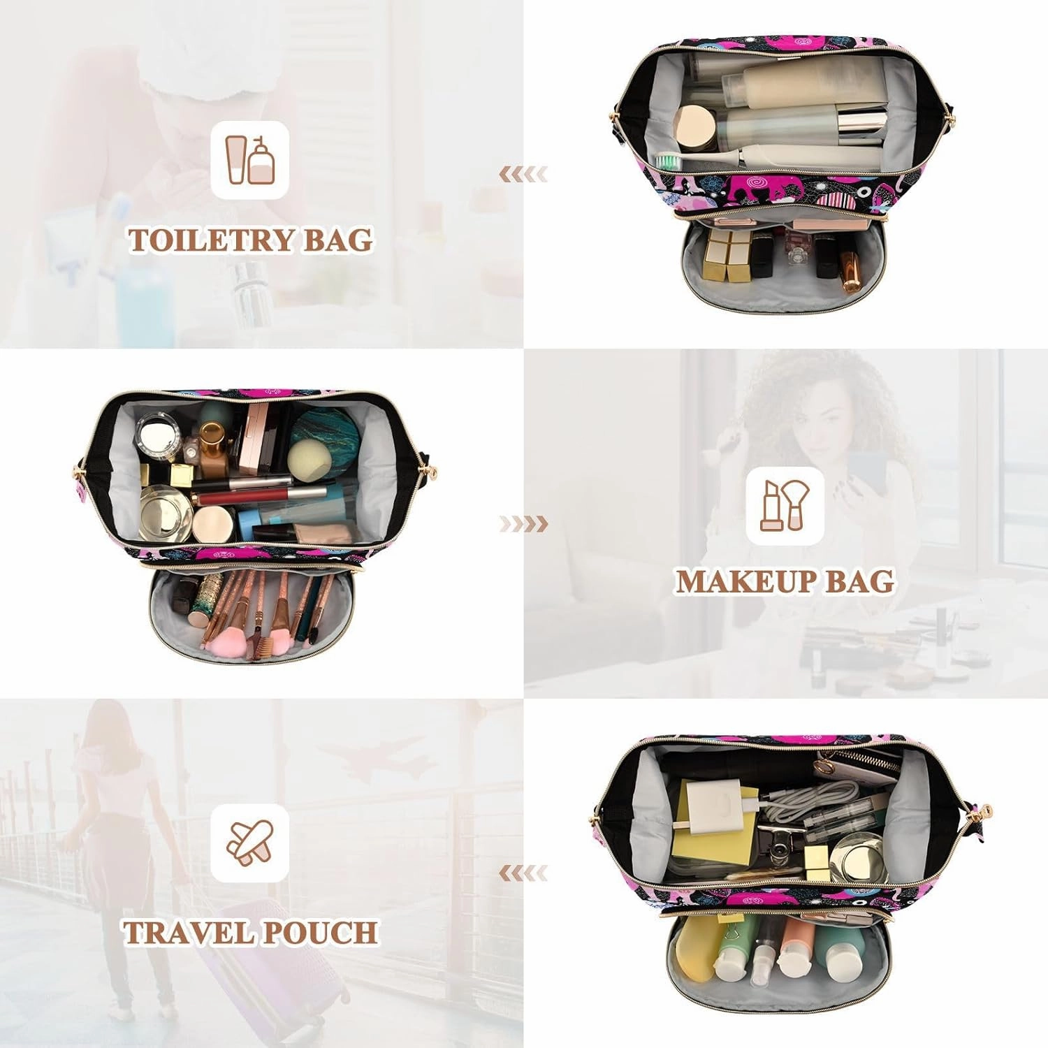 Seamless Bright Colorful Pink Elephants Leaves Flowers on Dark Women Cosmetic Bag Makeup Bag Stylish Trip Beauty Bag Travel Toiletry Bag with Bottle Organizer 10.2 x 5.9 x 6.7 inch