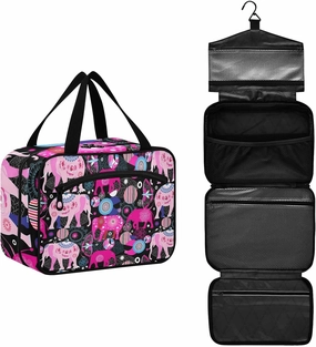 Seamless Bright Colorful Pink Elephants Leaves Flowers on Dark Women's Portable Makeup Bag with Handle Cosmetic Bag, Twill Cloth Travel Cosmetic Bag, Polyester Toiletry Bag for Women M Size
