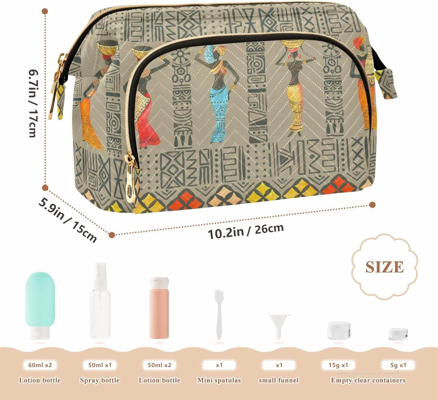 Seamless Brown Pattern with Beautiful African Women Women Cosmetic Bag Makeup Bag Stylish Trip Beauty Bag Travel Toiletry Bag with Bottle Organizer 10.2 x 5.9 x 6.7 inch