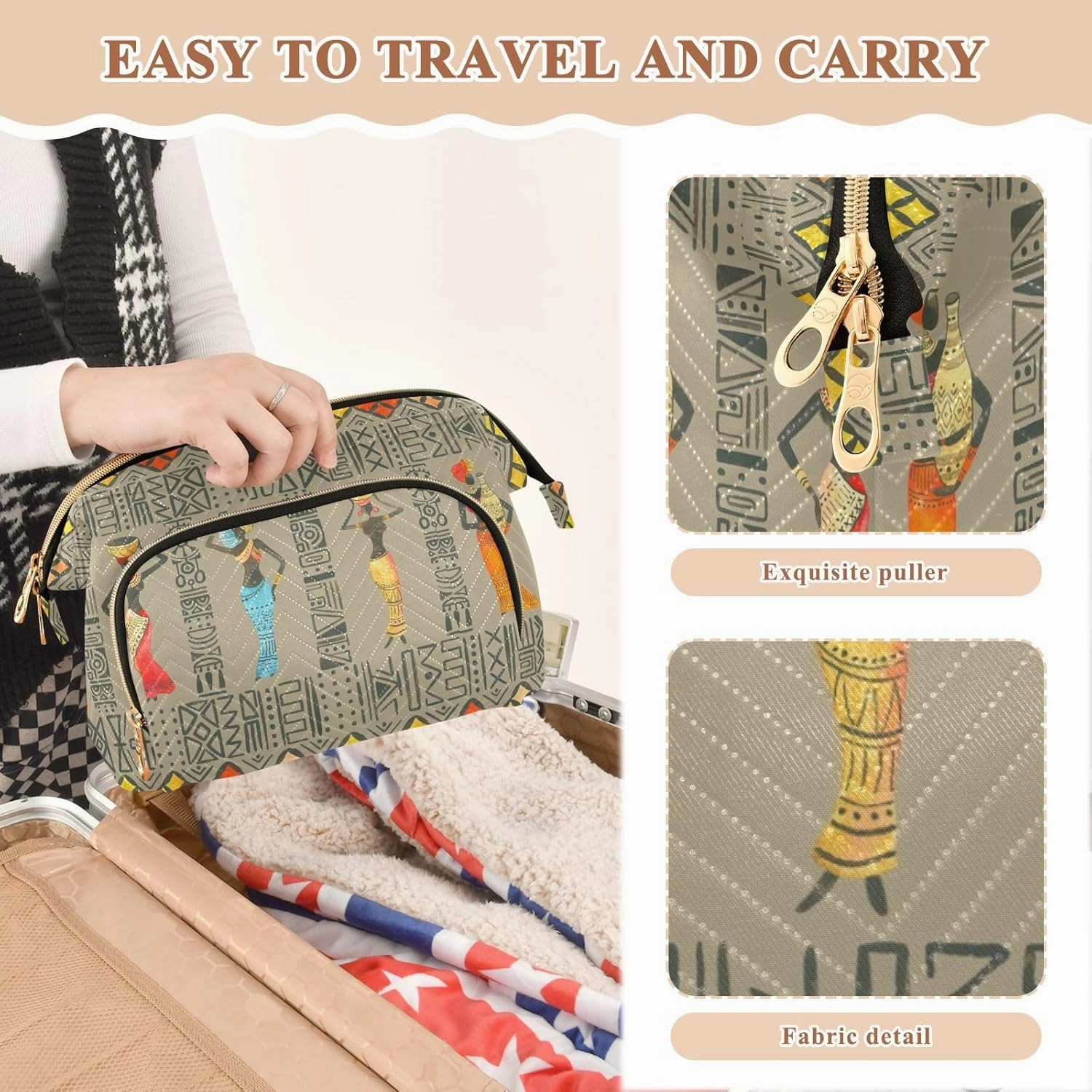 Seamless Brown Pattern with Beautiful African Women Women Cosmetic Bag Makeup Bag Stylish Trip Beauty Bag Travel Toiletry Bag with Bottle Organizer 10.2 x 5.9 x 6.7 inch
