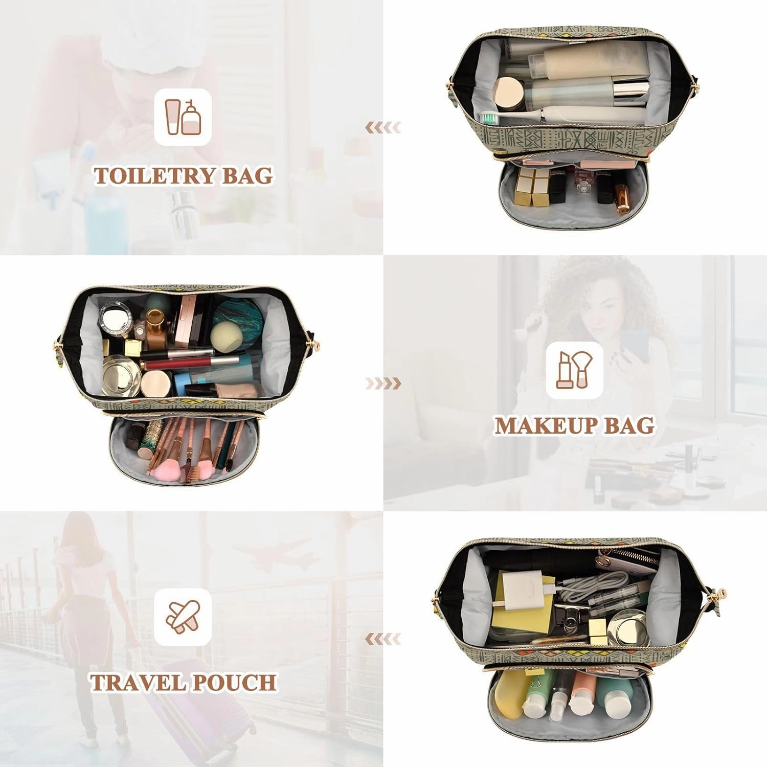 Seamless Brown Pattern with Beautiful African Women Women Cosmetic Bag Makeup Bag Stylish Trip Beauty Bag Travel Toiletry Bag with Bottle Organizer 10.2 x 5.9 x 6.7 inch