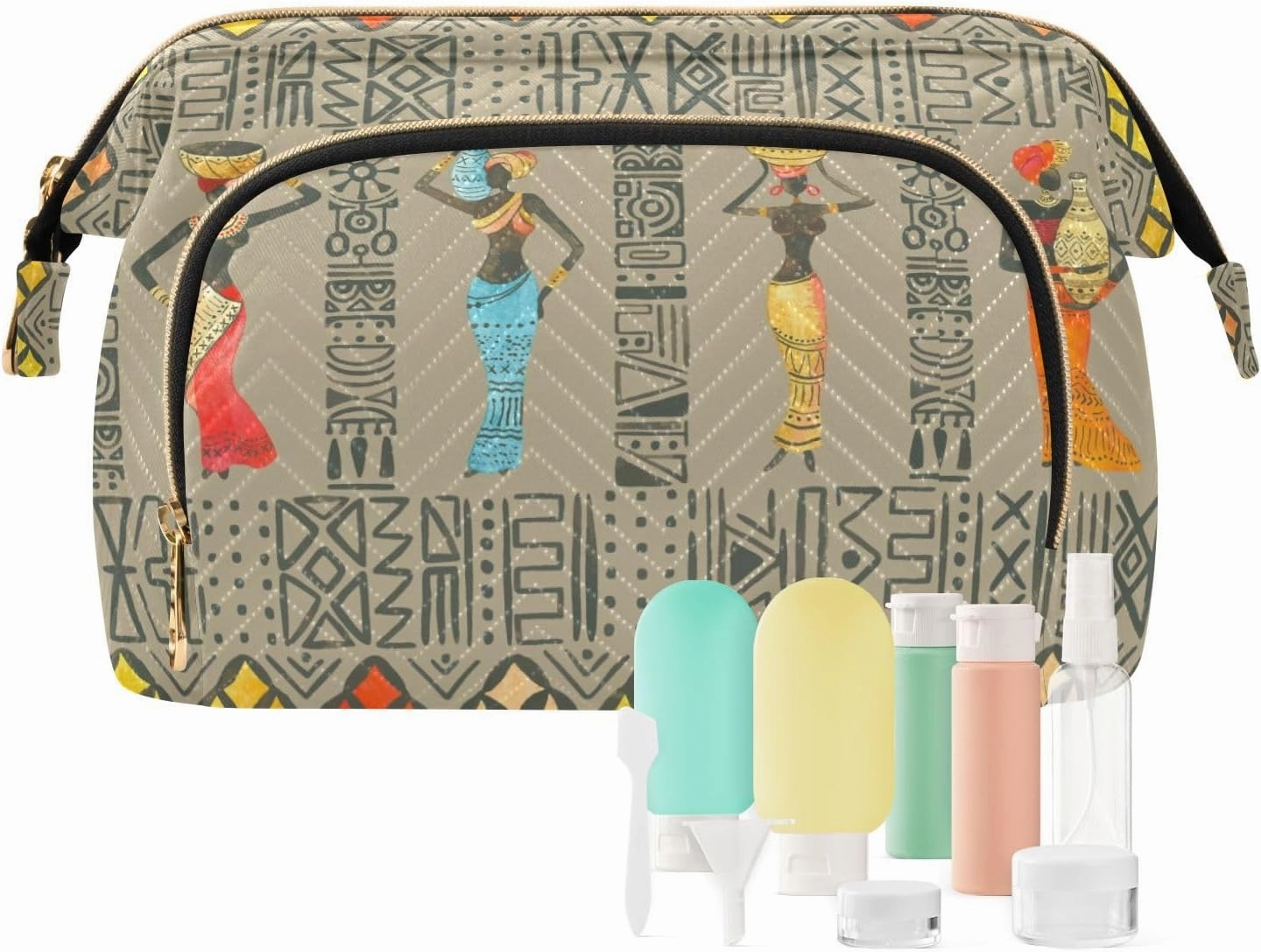 Seamless Brown Pattern with Beautiful African Women Women Cosmetic Bag Makeup Bag Stylish Trip Beauty Bag Travel Toiletry Bag with Bottle Organizer 10.2 x 5.9 x 6.7 inch
