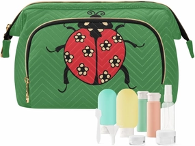 Seamless Red Ladybugs with Flowers on Green Women Cosmetic Bag Makeup Bag Stylish Trip Beauty Bag Travel Toiletry Bag with Bottle Organizer 10.2 x 5.9 x 6.7 inch
