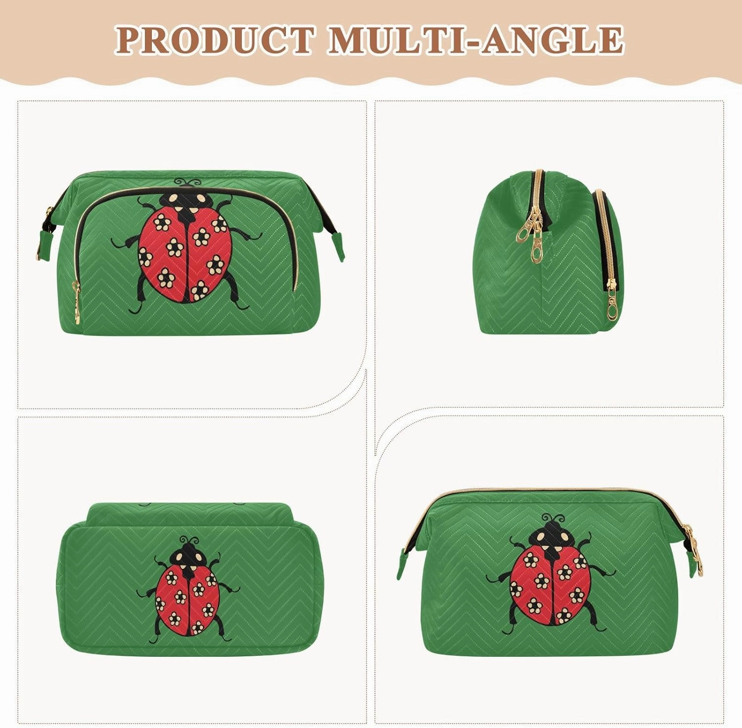 Seamless Red Ladybugs with Flowers on Green Women Cosmetic Bag Makeup Bag Stylish Trip Beauty Bag Travel Toiletry Bag with Bottle Organizer 10.2 x 5.9 x 6.7 inch