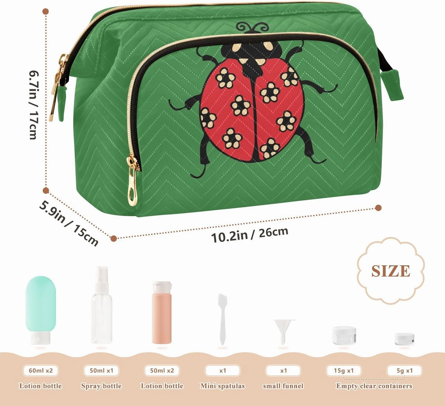 Seamless Red Ladybugs with Flowers on Green Women Cosmetic Bag Makeup Bag Stylish Trip Beauty Bag Travel Toiletry Bag with Bottle Organizer 10.2 x 5.9 x 6.7 inch