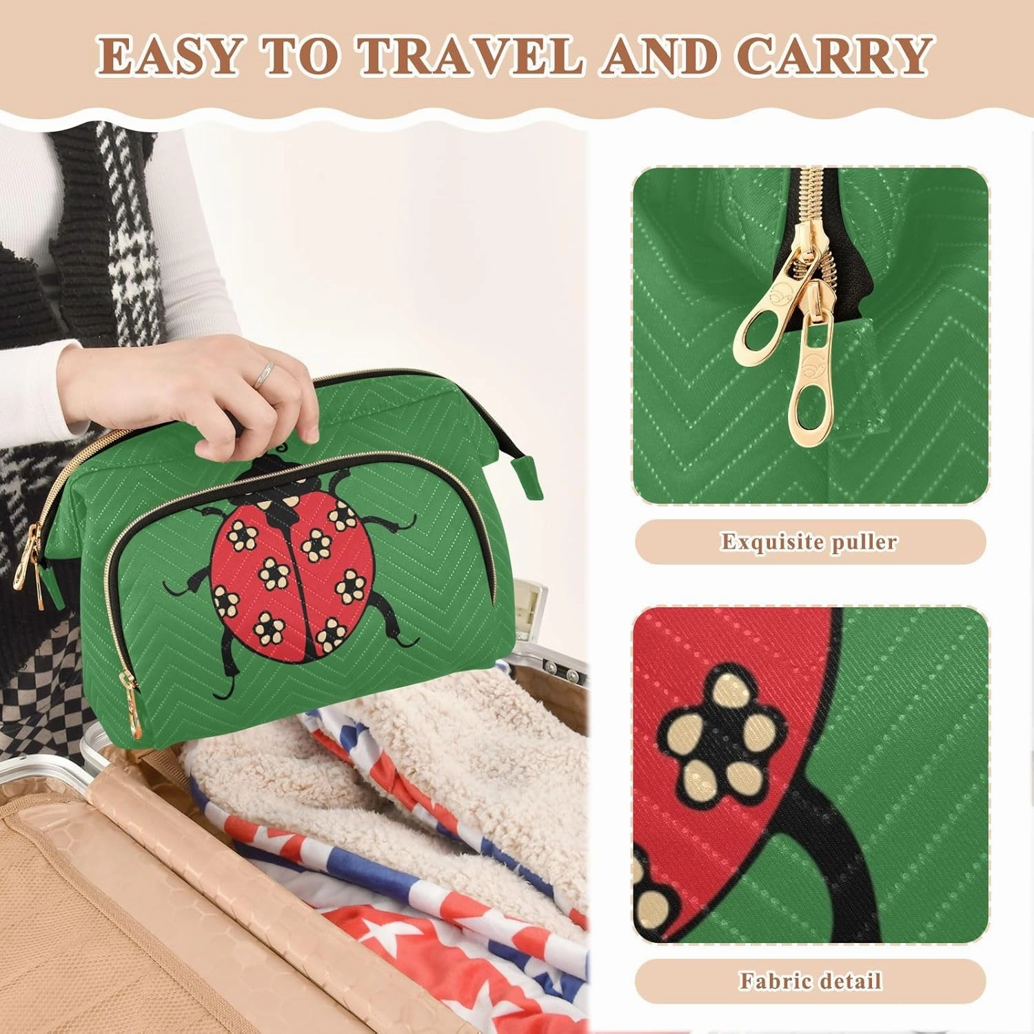 Seamless Red Ladybugs with Flowers on Green Women Cosmetic Bag Makeup Bag Stylish Trip Beauty Bag Travel Toiletry Bag with Bottle Organizer 10.2 x 5.9 x 6.7 inch