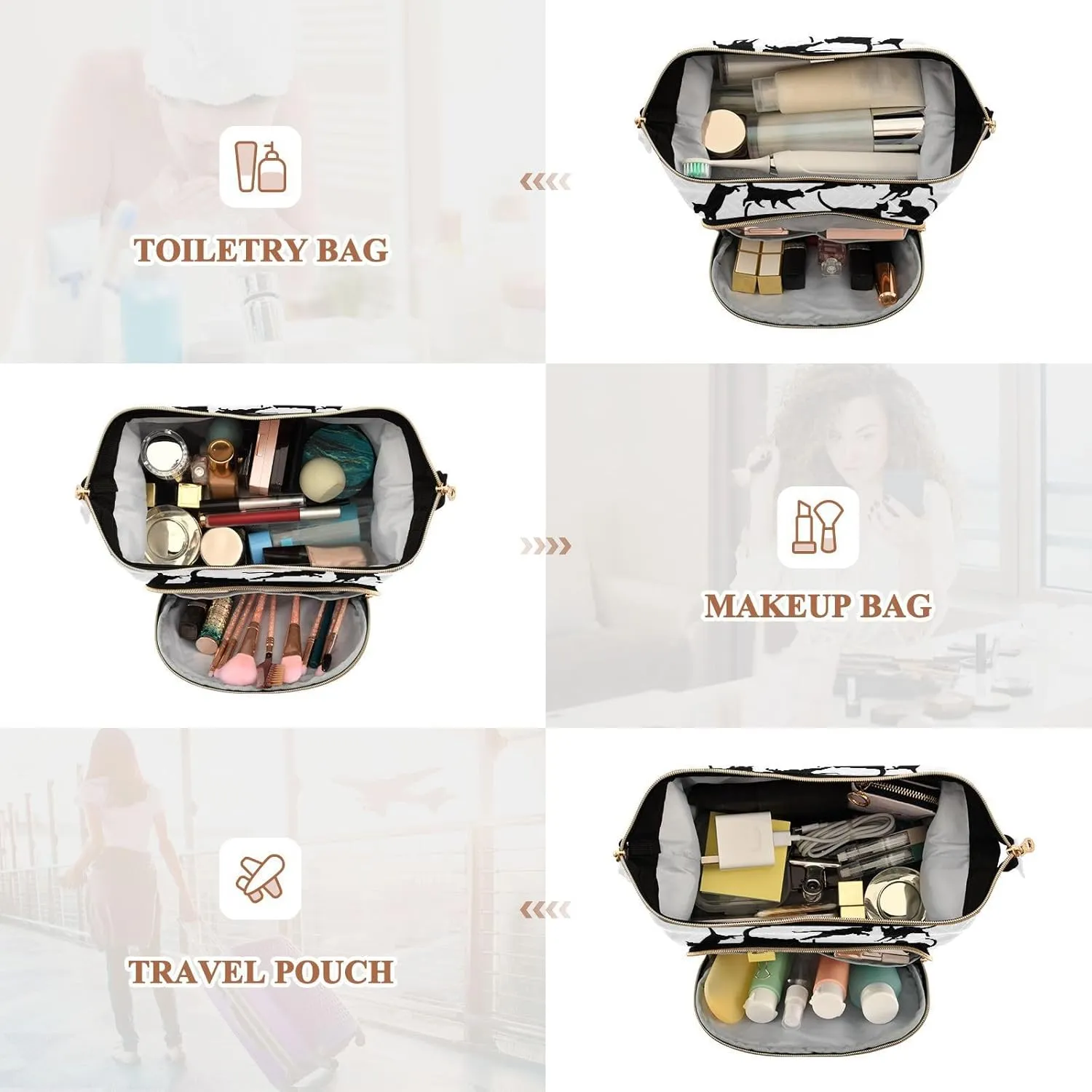 Set of Silhouettes of cats Icons of cats in Different Poses on White Women Cosmetic Bag Makeup Bag Stylish Trip Beauty Bag Travel Toiletry Bag with Bottle Organizer 10.2 x 5.9 x 6.7 inch