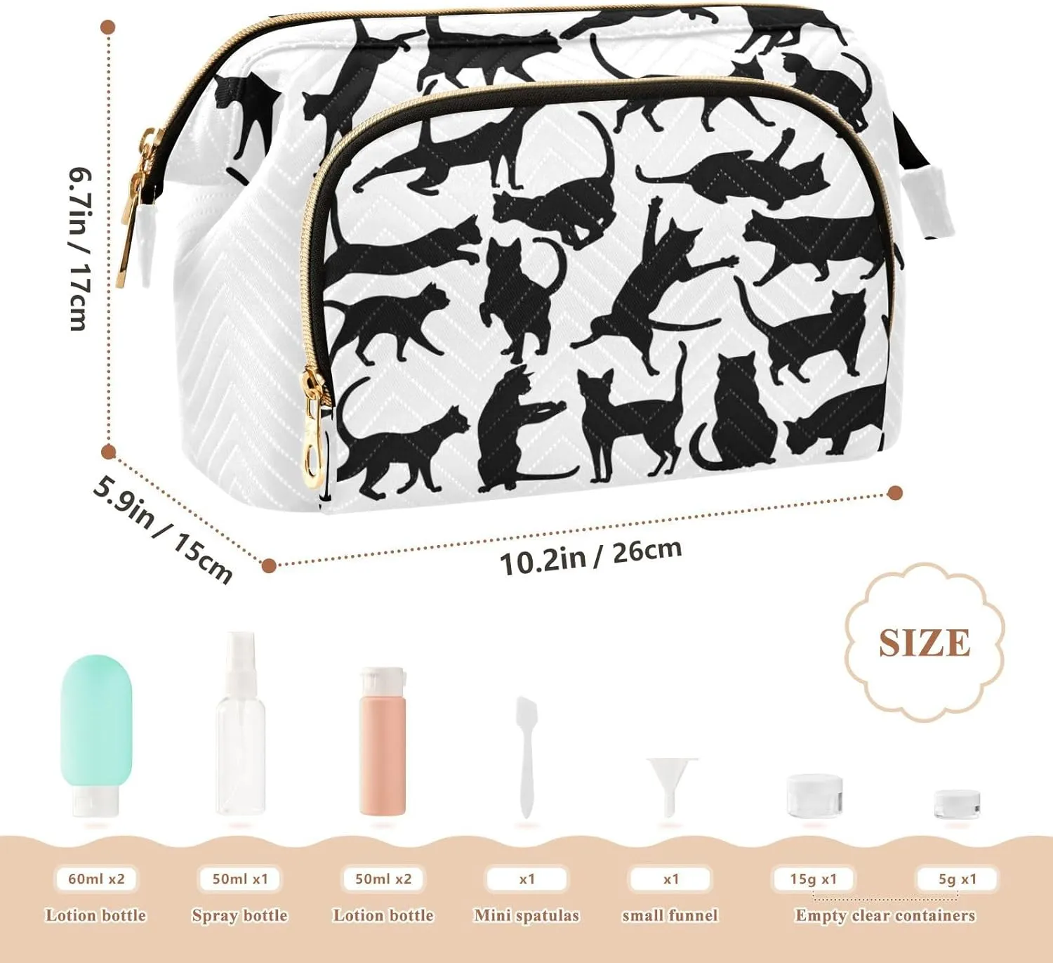 Set of Silhouettes of cats Icons of cats in Different Poses on White Women Cosmetic Bag Makeup Bag Stylish Trip Beauty Bag Travel Toiletry Bag with Bottle Organizer 10.2 x 5.9 x 6.7 inch