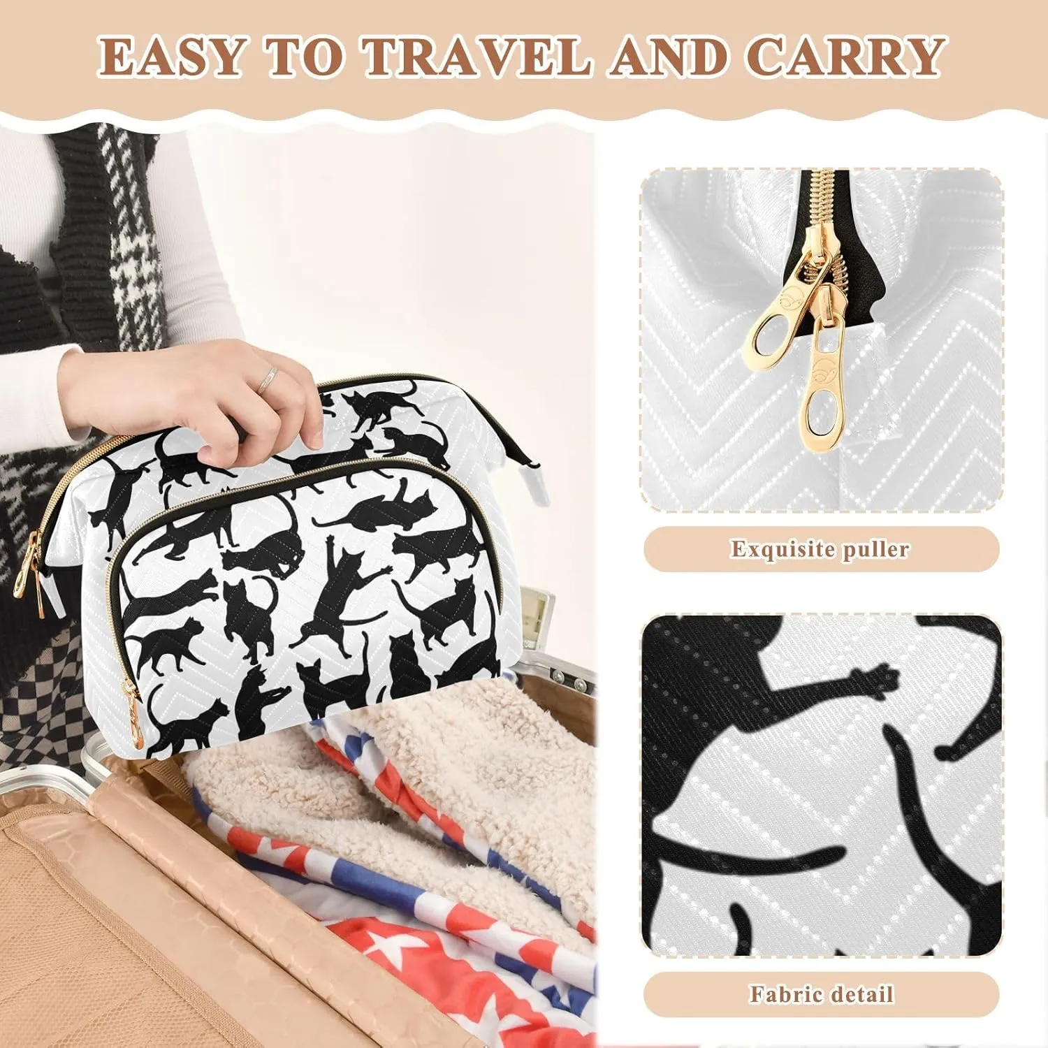 Set of Silhouettes of cats Icons of cats in Different Poses on White Women Cosmetic Bag Makeup Bag Stylish Trip Beauty Bag Travel Toiletry Bag with Bottle Organizer 10.2 x 5.9 x 6.7 inch