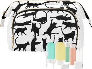 Set of Silhouettes of cats Icons of cats in Different Poses on White Women Cosmetic Bag Makeup Bag Stylish Trip Beauty Bag Travel Toiletry Bag with Bottle Organizer 10.2 x 5.9 x 6.7 inch