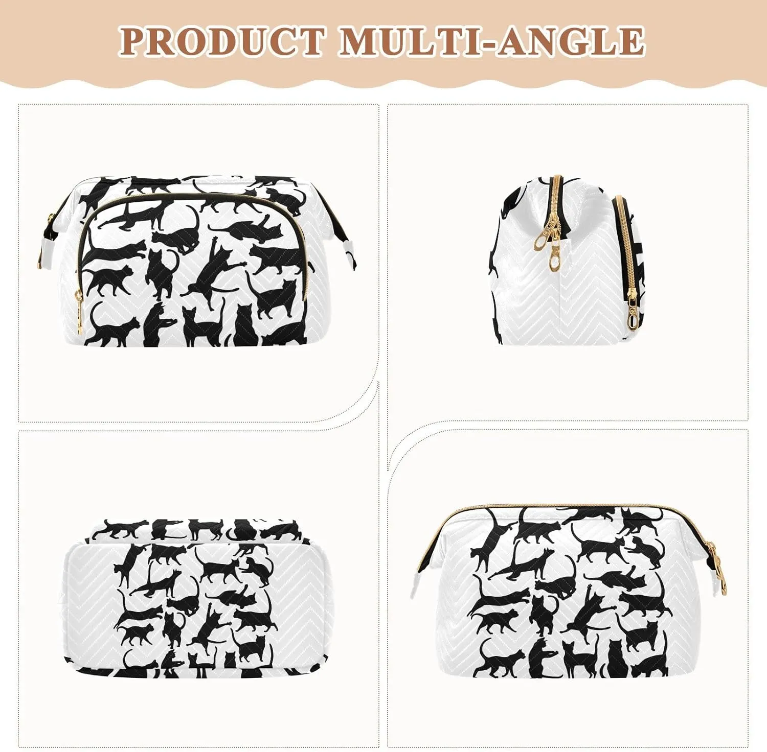 Set of Silhouettes of cats Icons of cats in Different Poses on White Women Cosmetic Bag Makeup Bag Stylish Trip Beauty Bag Travel Toiletry Bag with Bottle Organizer 10.2 x 5.9 x 6.7 inch