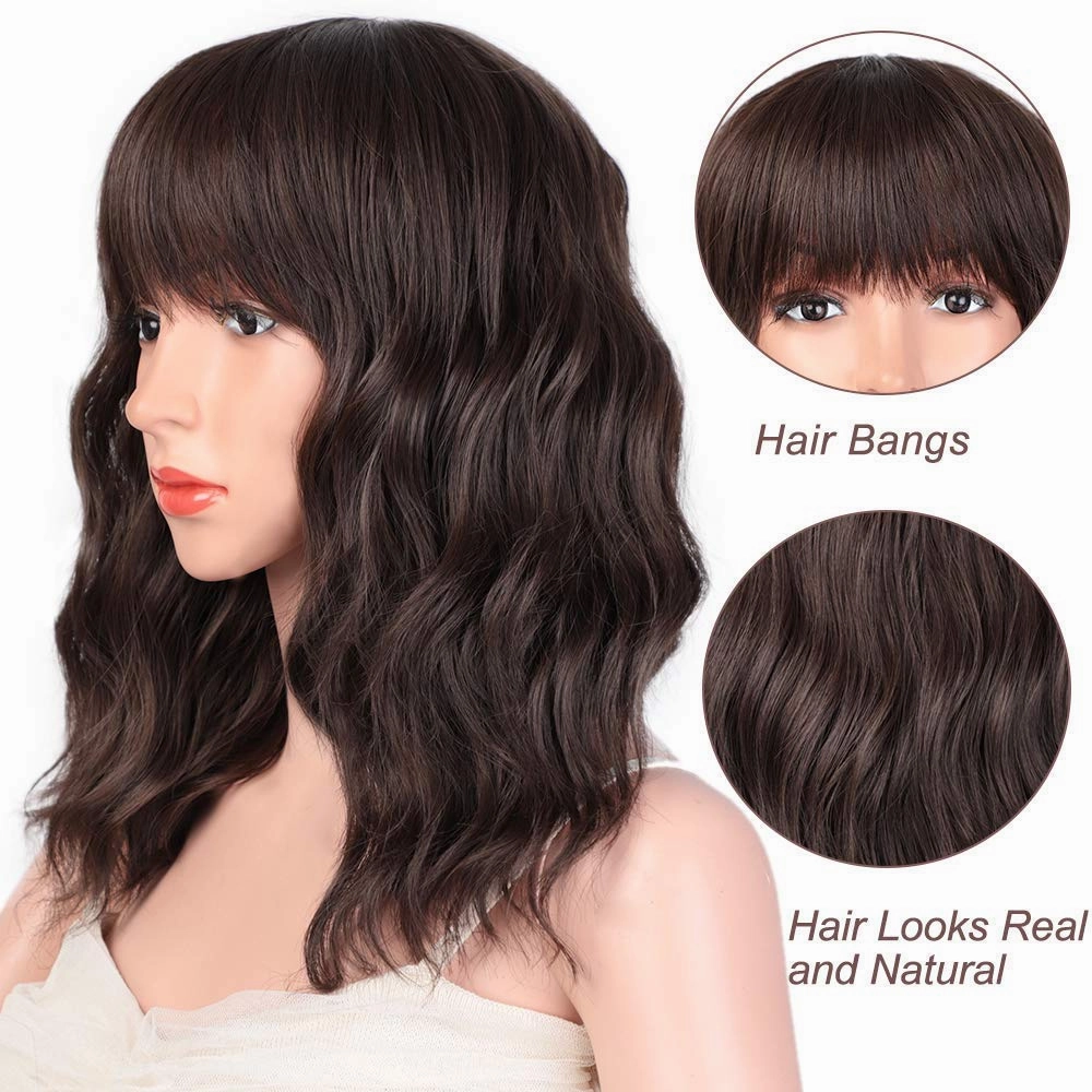 Short Curly Wig with Bangs for Women 14 Inches Dark Brown Wavy Bob Wig Synthetic Heat Resistant Fiber Wigs (Dark Brown)