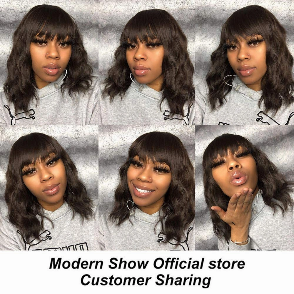 Short Curly Wig with Bangs for Women 14 Inches Dark Brown Wavy Bob Wig Synthetic Heat Resistant Fiber Wigs (Dark Brown)