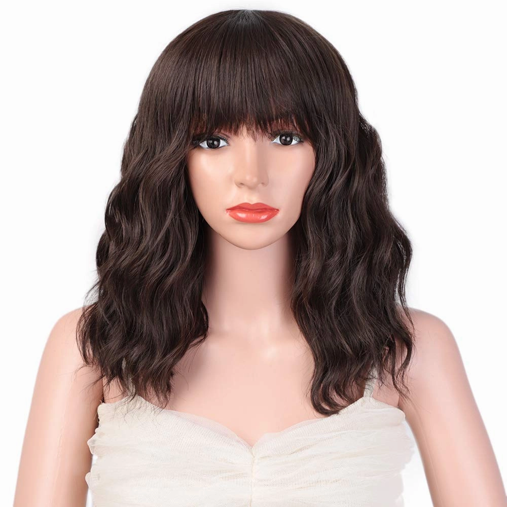 Short Curly Wig with Bangs for Women 14 Inches Dark Brown Wavy Bob Wig Synthetic Heat Resistant Fiber Wigs (Dark Brown)