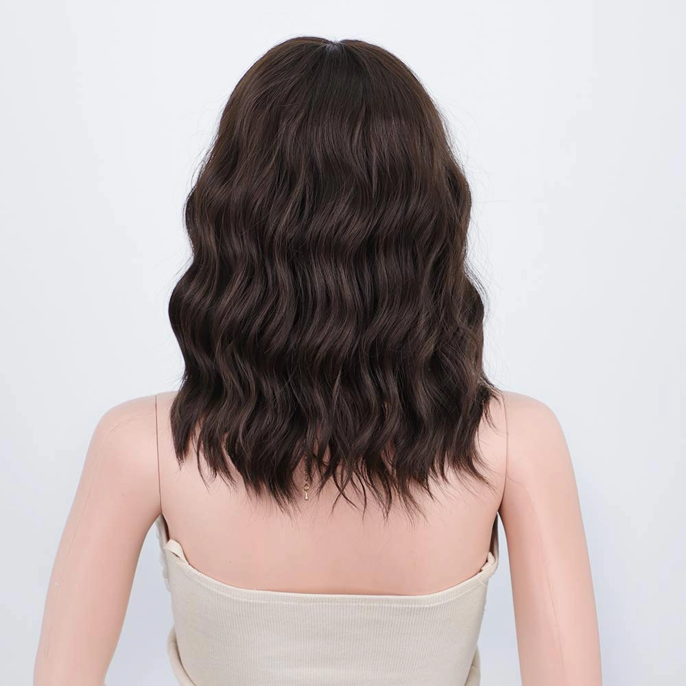 Short Curly Wig with Bangs for Women 14 Inches Dark Brown Wavy Bob Wig Synthetic Heat Resistant Fiber Wigs (Dark Brown)
