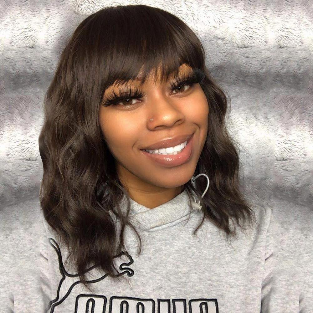 Short Curly Wig with Bangs for Women 14 Inches Dark Brown Wavy Bob Wig Synthetic Heat Resistant Fiber Wigs (Dark Brown)