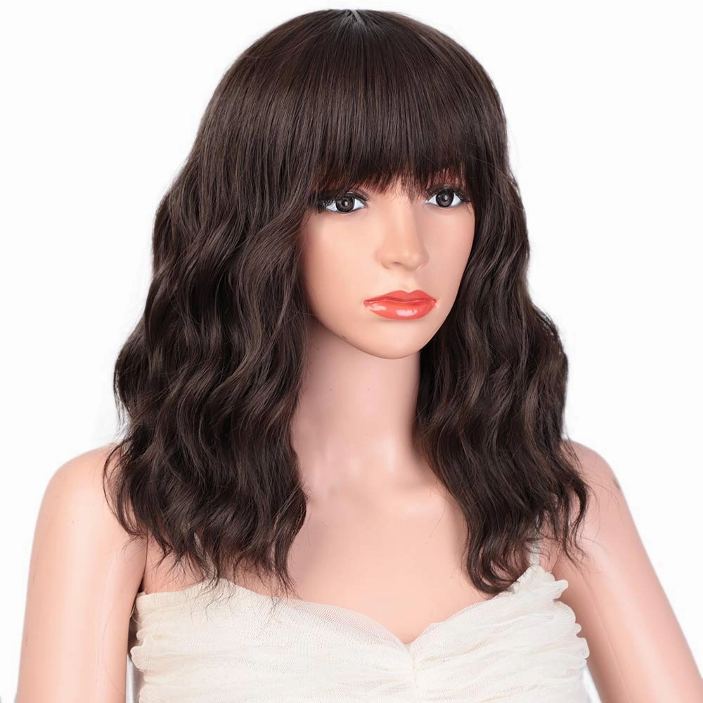 Short Curly Wig with Bangs for Women 14 Inches Dark Brown Wavy Bob Wig Synthetic Heat Resistant Fiber Wigs (Dark Brown)