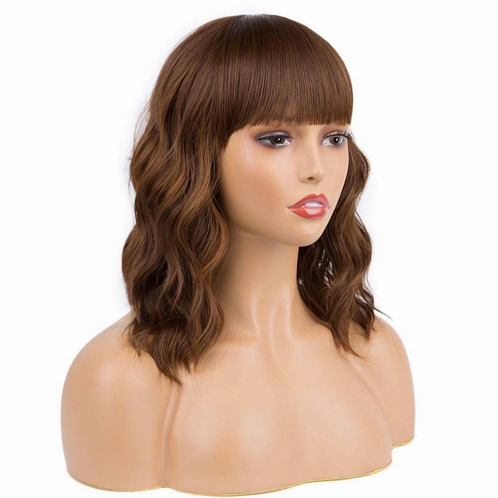 Short Curly Wigs with Bangs for Women 14 Inches Wavy Bob Wig Synthetic Heat Resistant Fiber Wigs (27-30)