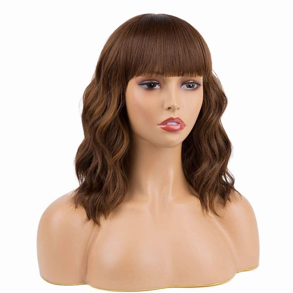 Short Curly Wigs with Bangs for Women 14 Inches Wavy Bob Wig Synthetic Heat Resistant Fiber Wigs (27-30)