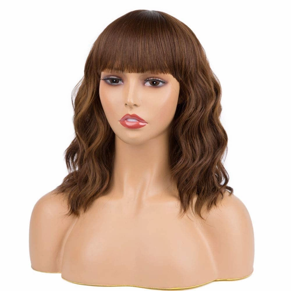 Short Curly Wigs with Bangs for Women 14 Inches Wavy Bob Wig Synthetic Heat Resistant Fiber Wigs (27-30)