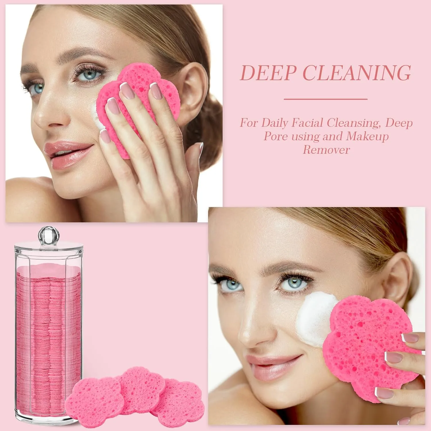 Sieral 120 Pcs Compressed Facial Sponges with Container Disposable Face Sponge Pads for Washing Face Cleansing Exfoliating Esthetician Makeup Removal(Flower,Pink)