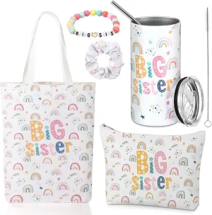 Sieral 5 Pcs Big Sister Gifts for Girls Big Sister Makeup Bag Canvas Tote Bag 14oz Stainless Steel Tumbler with Straw Scrunchies Bracelet for Little Girls New Baby Birthday Baby Shower(Rainbow)