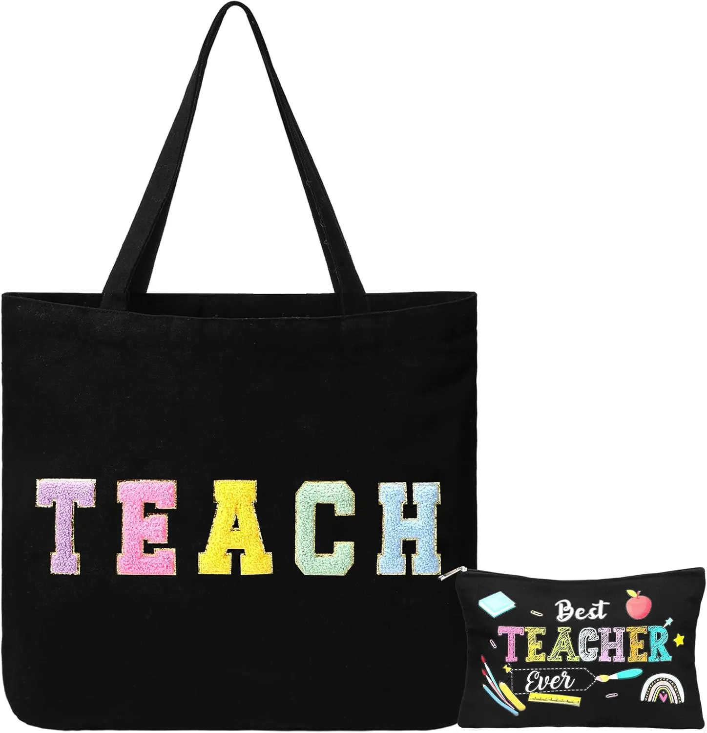 Silkfly 2 Pcs Teacher Tote Bag Teacher Appreciation Gifts Set Chenille Letter Patches Work Bag with Zipper Pocket Makeup Pouch Cosmetic Bag for Women Retirement Graduation Birthday