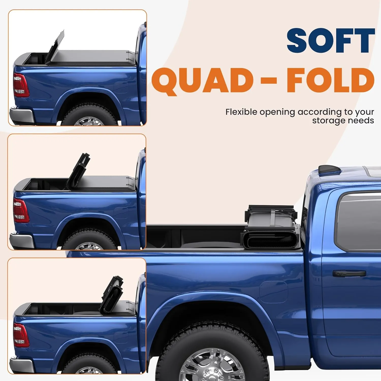 Soft Quad-fold Truck Tonneau Cover Compatible for 02-2024 Dodge Ram 1500(Incl. 2019-2023 Classic & 2019-2024 New Body Style)/2003-2024 Ram 2500 3500 W/o Ram Box 6.4 Feet Bed