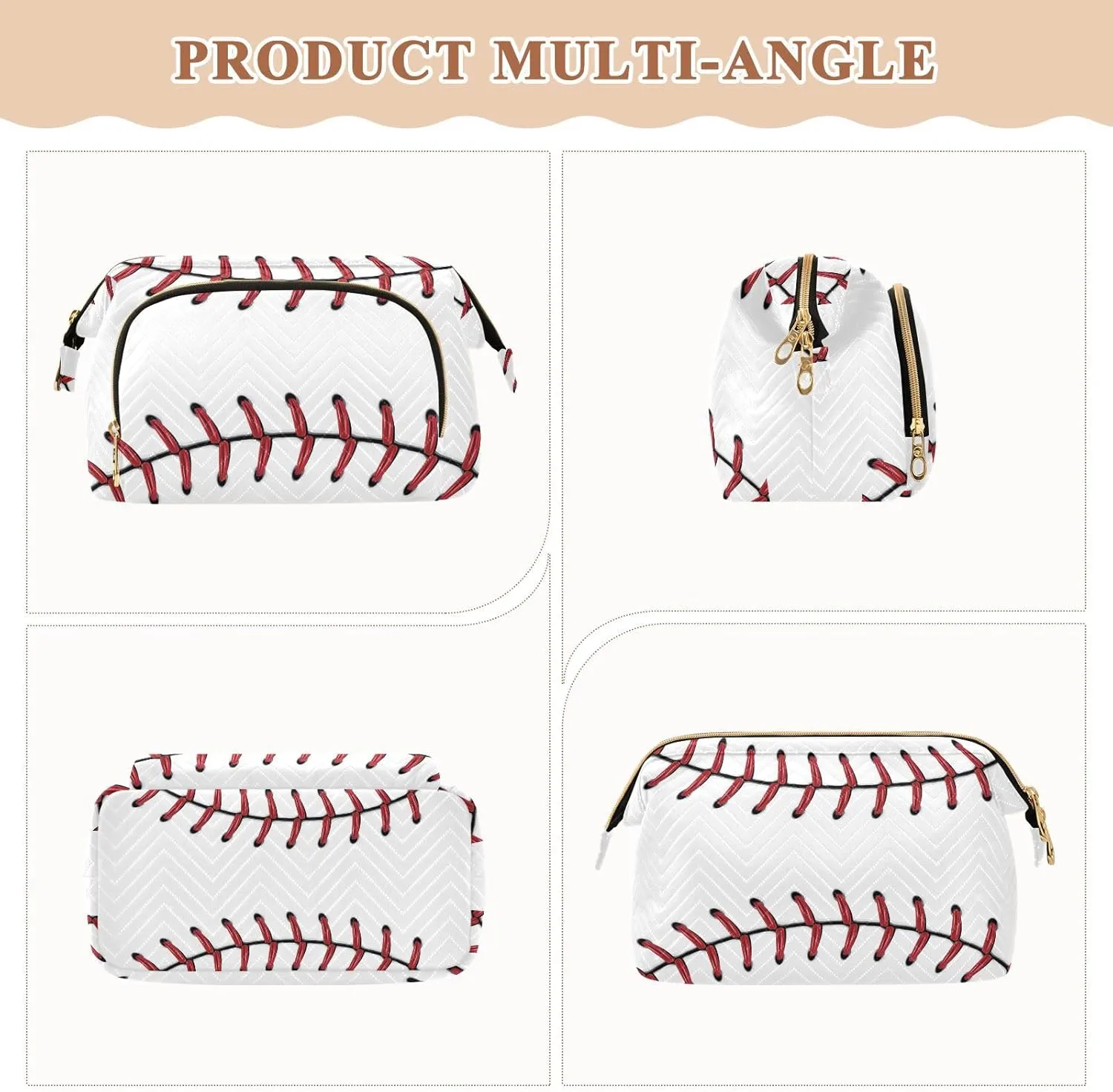 Softball Baseball Red Lace on White Background Women Cosmetic Bag Makeup Bag Stylish Trip Beauty Bag Travel Toiletry Bag with Bottle Organizer 10.2 x 5.9 x 6.7 inch