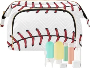 Softball Baseball Red Lace on White Background Women Cosmetic Bag Makeup Bag Stylish Trip Beauty Bag Travel Toiletry Bag with Bottle Organizer 10.2 x 5.9 x 6.7 inch