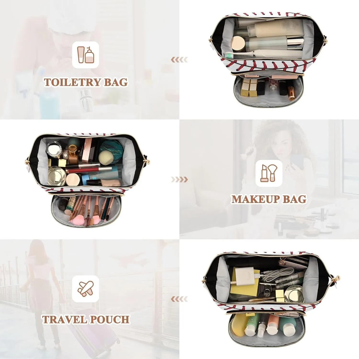 Softball Baseball Red Lace on White Background Women Cosmetic Bag Makeup Bag Stylish Trip Beauty Bag Travel Toiletry Bag with Bottle Organizer 10.2 x 5.9 x 6.7 inch