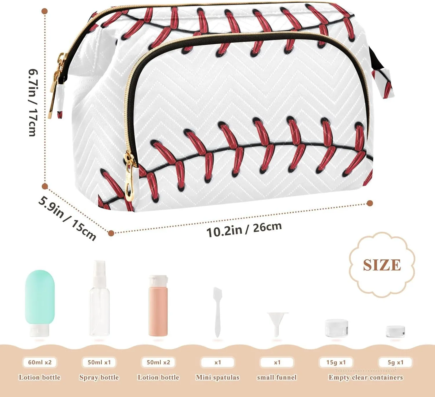 Softball Baseball Red Lace on White Background Women Cosmetic Bag Makeup Bag Stylish Trip Beauty Bag Travel Toiletry Bag with Bottle Organizer 10.2 x 5.9 x 6.7 inch