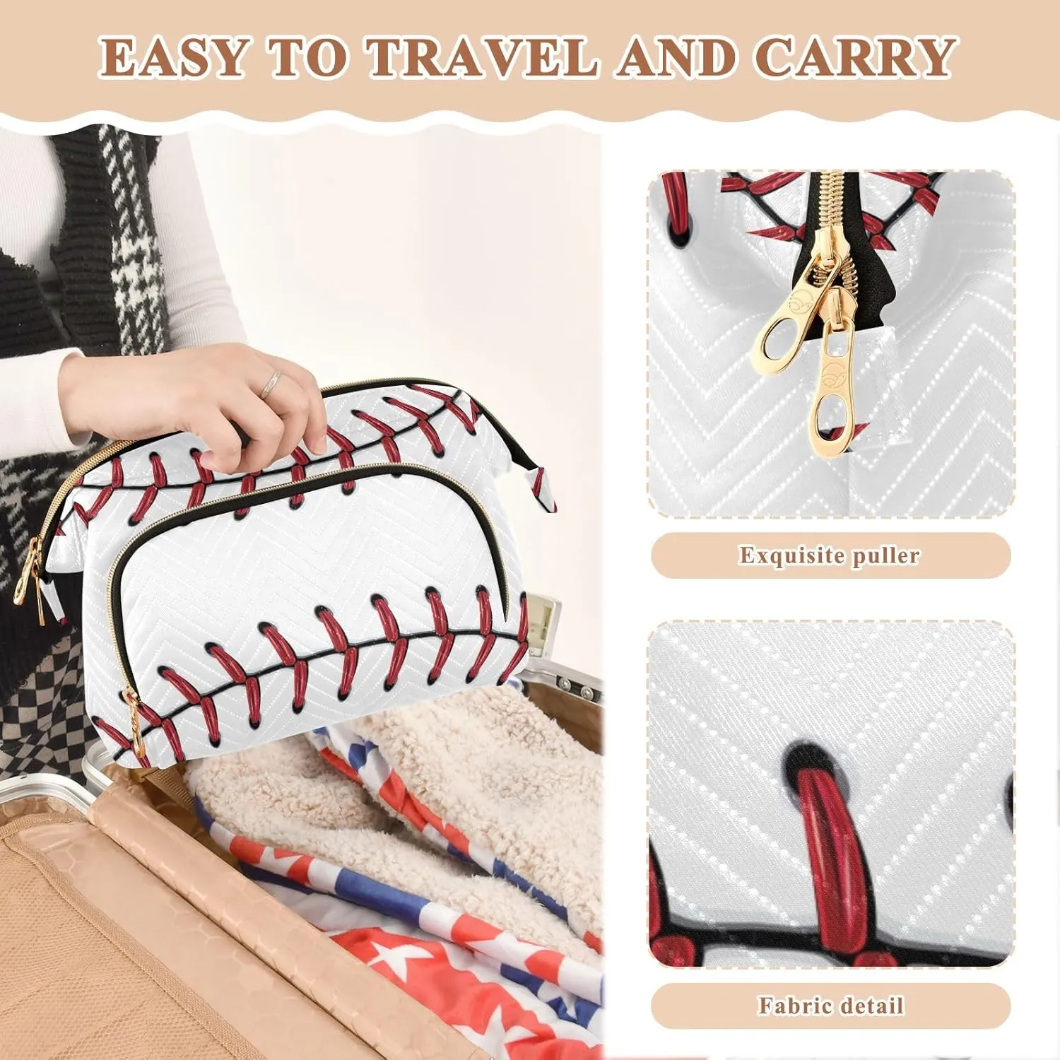 Softball Baseball Red Lace on White Background Women Cosmetic Bag Makeup Bag Stylish Trip Beauty Bag Travel Toiletry Bag with Bottle Organizer 10.2 x 5.9 x 6.7 inch